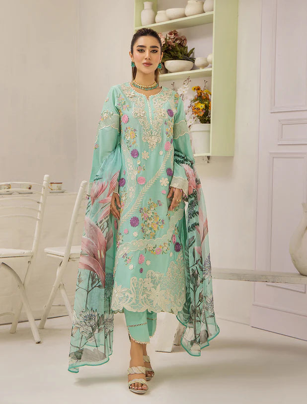 ZA Clothing Embroidered Semi Stitched Ready to Wear Lawn - Ethereal Aqua 01