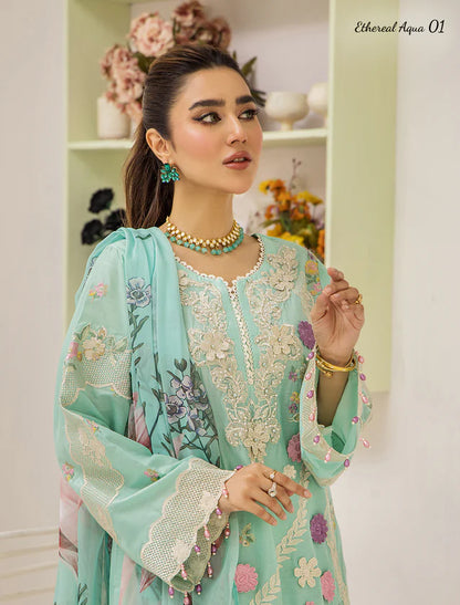 ZA Clothing Embroidered Semi Stitched Ready to Wear Lawn - Ethereal Aqua 01