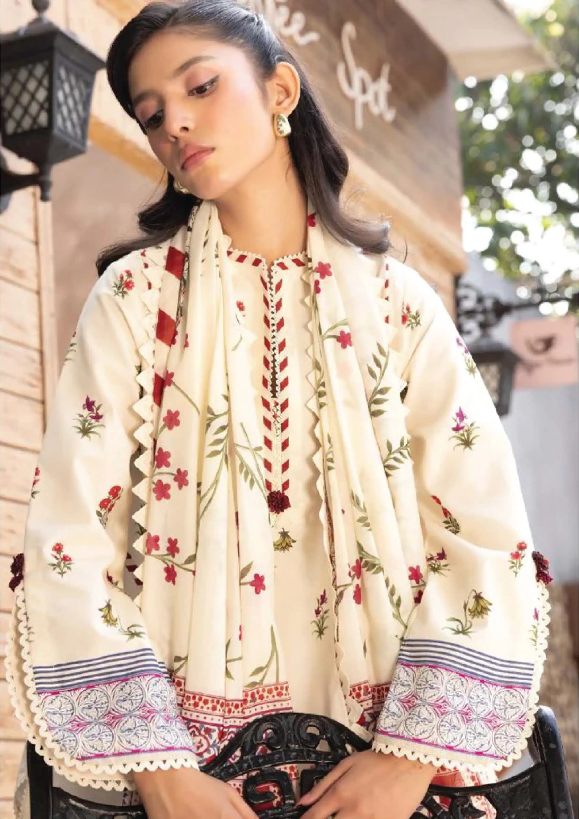 Detailed model profile view displaying the print layout of the lightweight white voile dupatta code MB-ELHV4-01.