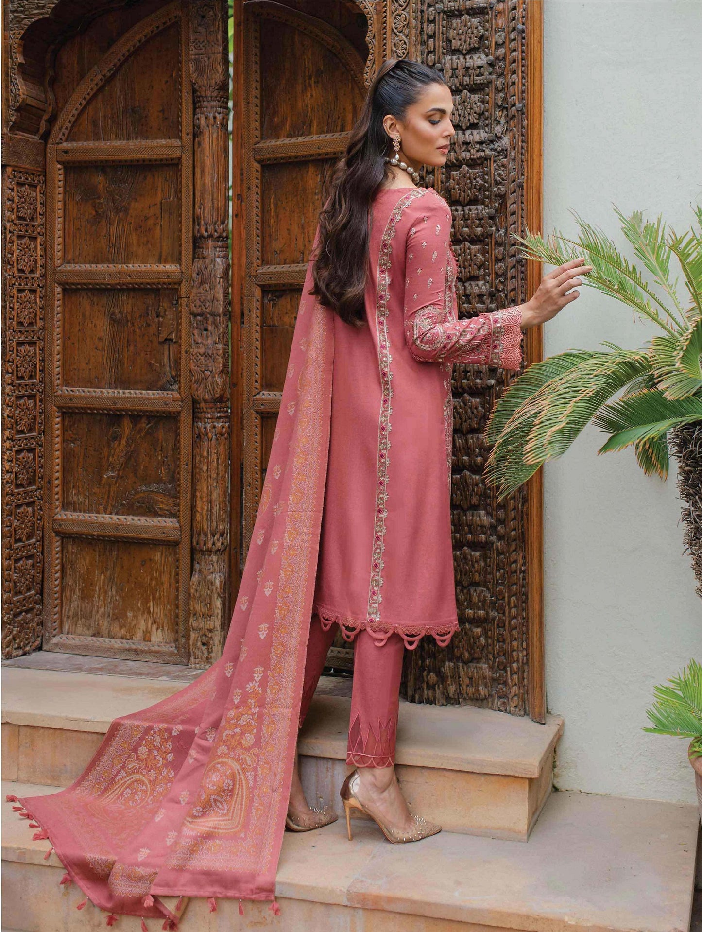 Qalamkar Embroidered Leather Suits Allesia Pink - Luxury Winter Collection