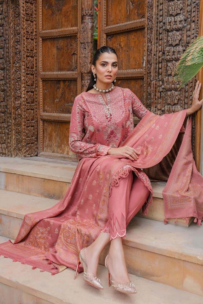 Qalamkar Embroidered Leather Suits Allesia Pink - Luxury Winter Collection