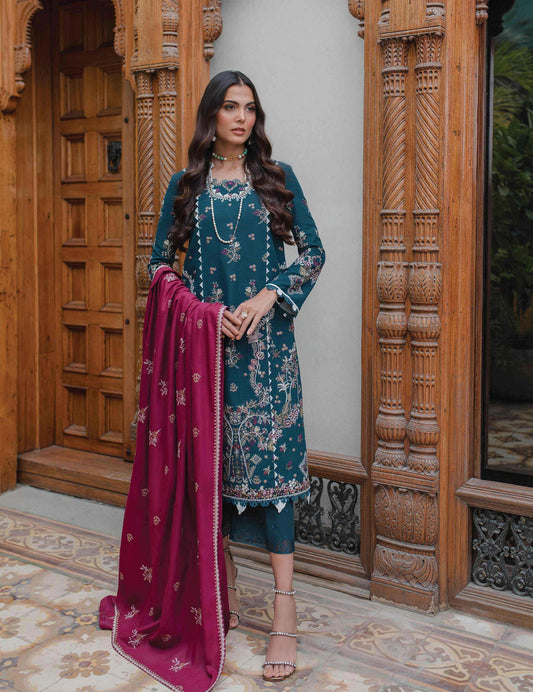 Qalamkar Embroidered Leather Suits Calista Teal - Luxury Winter Collection