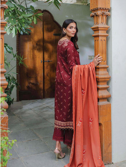 Qalamkar Embroidered Leather Suits Freya Maroon - Luxury Winter Collection