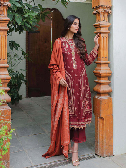 Qalamkar Embroidered Leather Suits Freya Maroon - Luxury Winter Collection