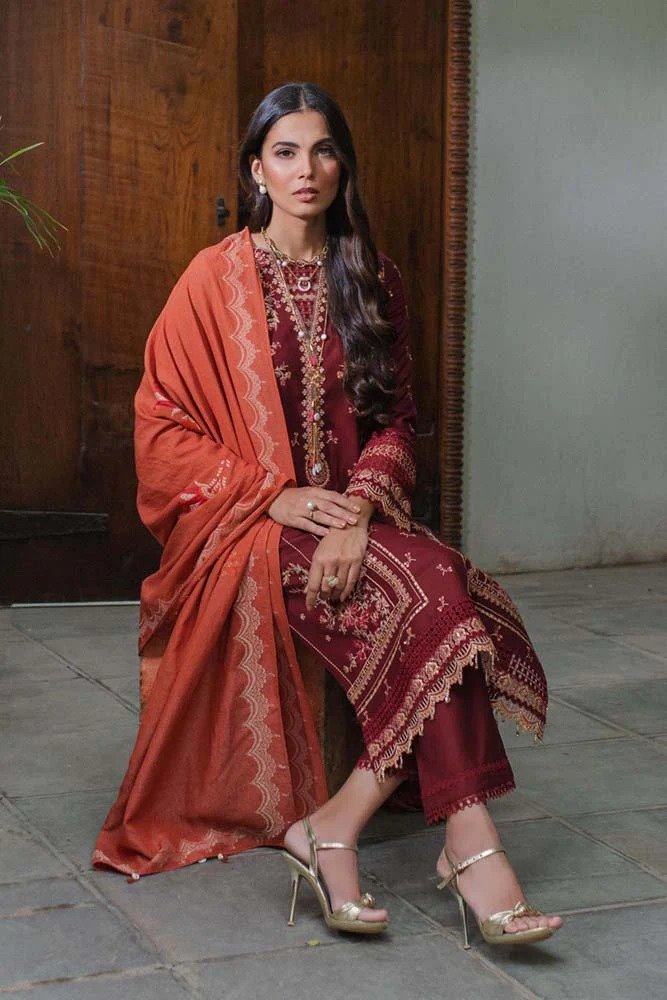 Qalamkar Embroidered Leather Suits Freya Maroon - Luxury Winter Collection