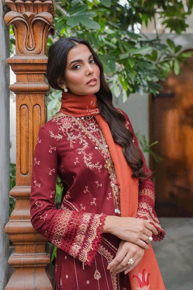 Qalamkar Embroidered Leather Suits Freya Maroon - Luxury Winter Collection