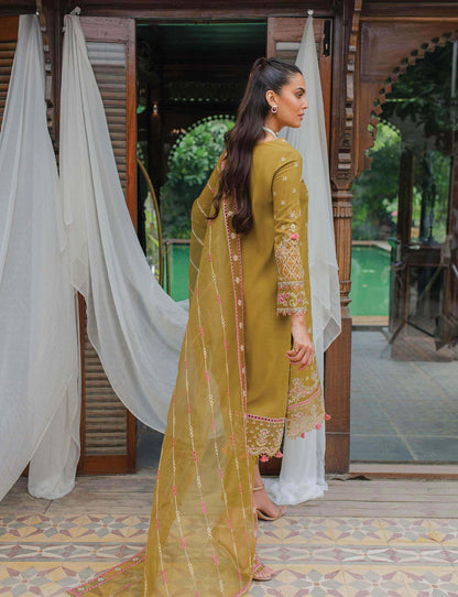 Qalamkar Embroidered Leather Suits Imani Yellow - Luxury Winter Collection