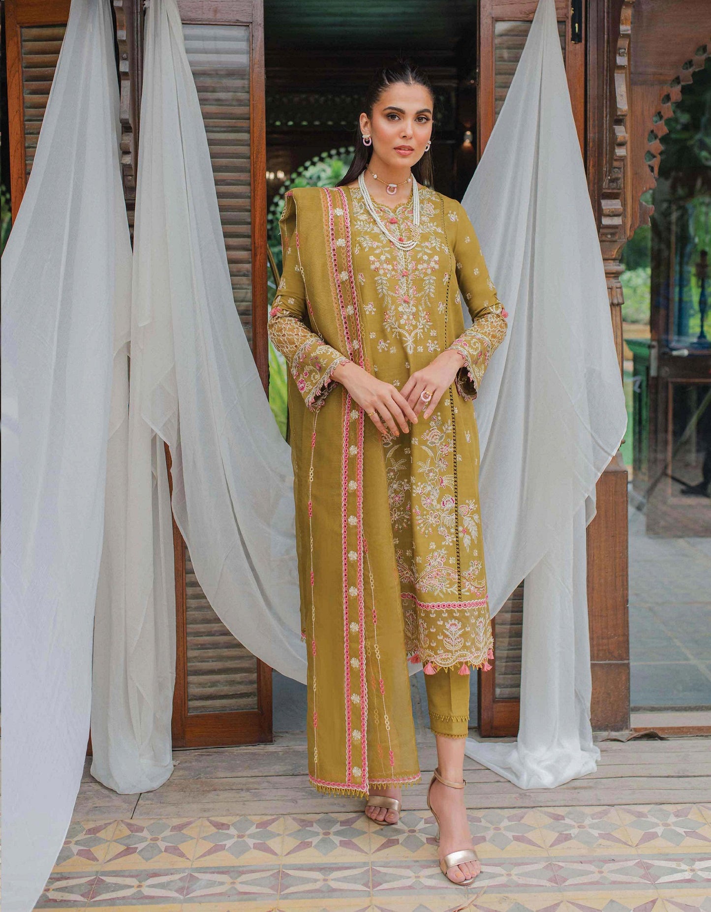 Qalamkar Embroidered Leather Suits Imani Yellow - Luxury Winter Collection