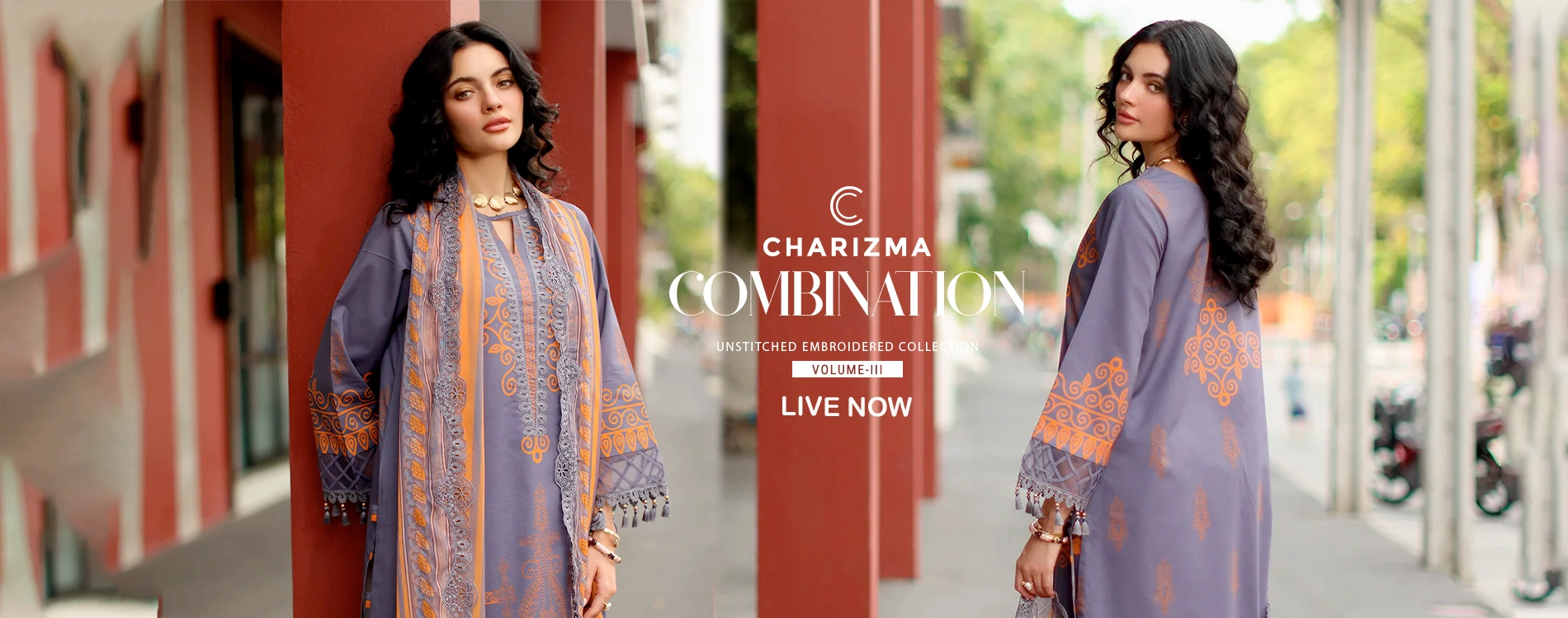 Wide homepage slider banner announcing the official launch of Charizma Combinations Luxury Lawn Unstitched 2026 Volume 3 collection, featuring front and back studio views of a model wearing a luxury mauve grey unstitched three-piece lawn suit with orange geometric embroidery prints and intricate lace trims.
