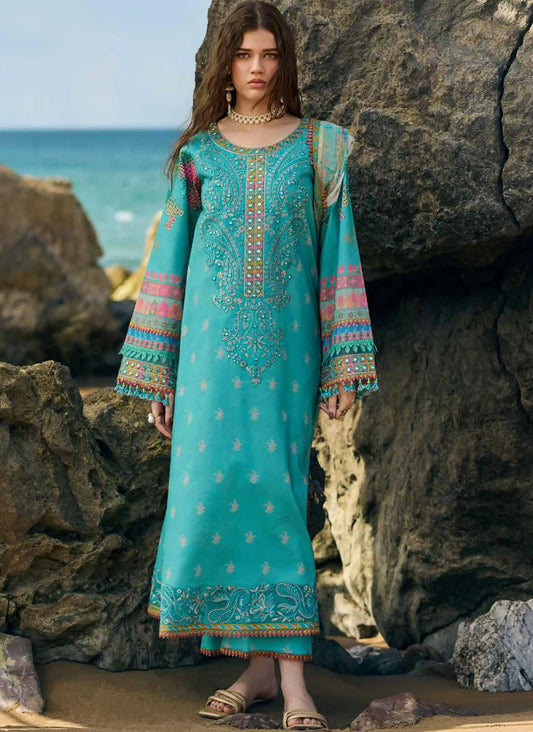 Full-length front studio look of Charizma Sun Shine Volume 2 design code CSN6-11 featuring an embroidered teal blue shirt and printed chiffon dupatta.