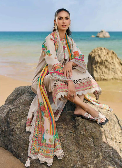 Detailed profile look showcasing the premium printed chiffon dupatta fall and matching printed cotton trousers pattern details.