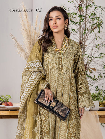 ZA Clothing Elizabeth Embroidered Semi Stitched Lawn - Olive Grove