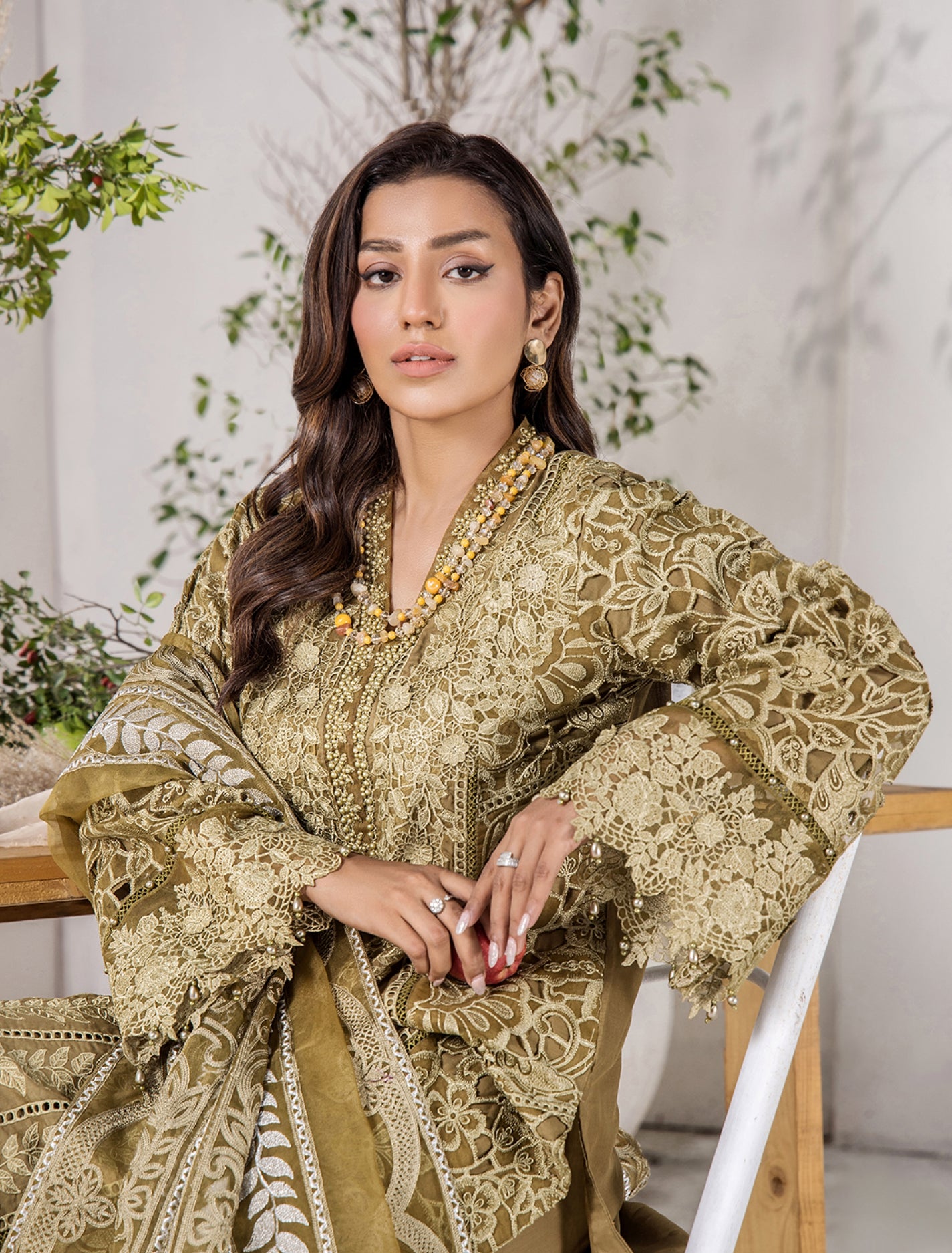 ZA Clothing Elizabeth Embroidered Semi Stitched Lawn - Olive Grove