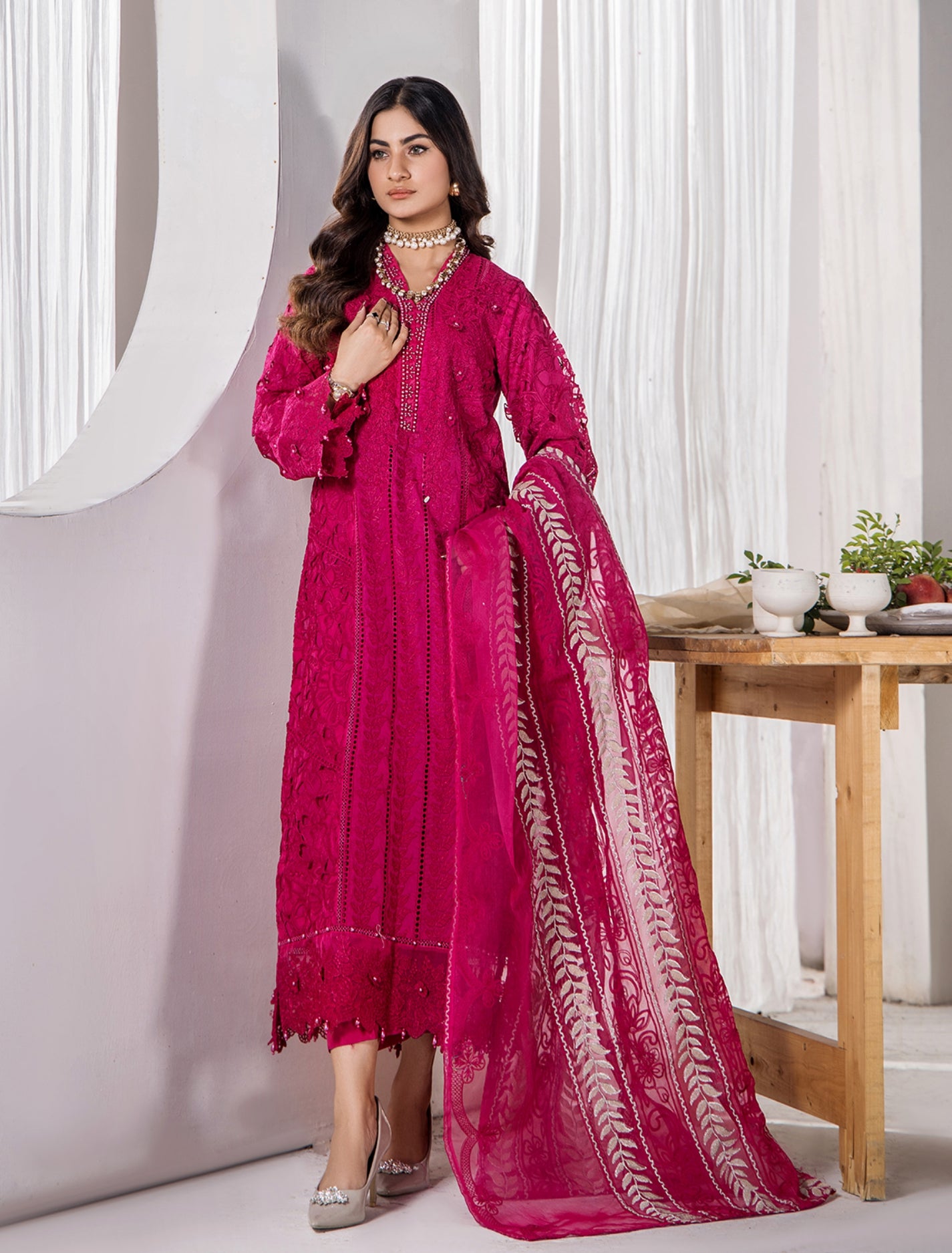 ZA Clothing Elizabeth Embroidered Semi Stitched Lawn - Cranberry Couture