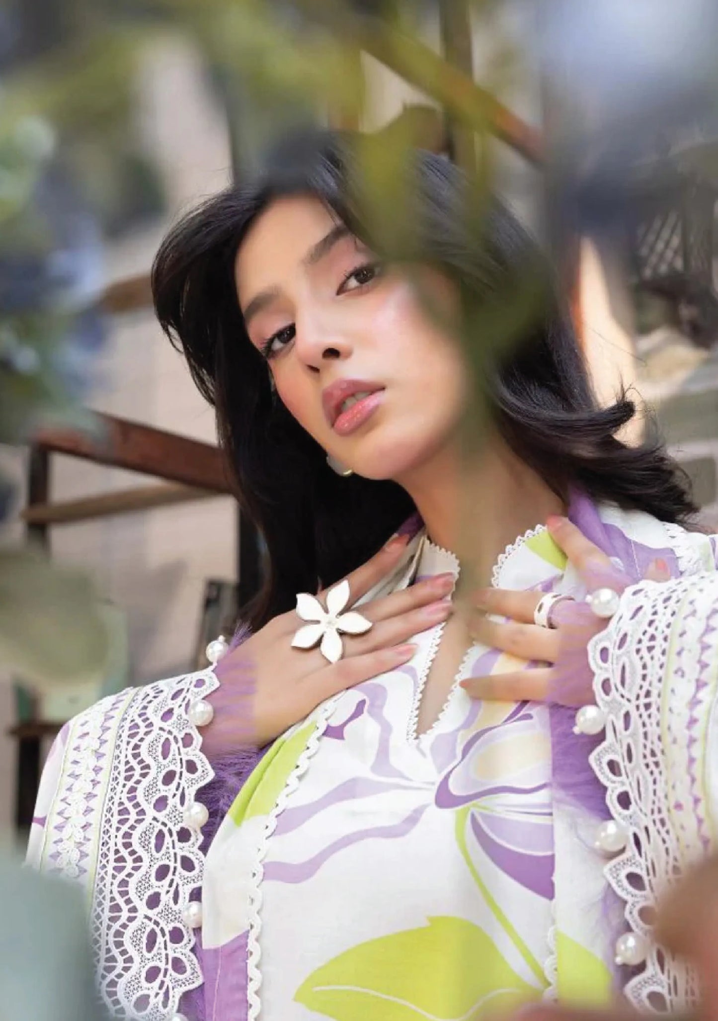 Close-up view highlighting the detailed purple and lime green abstract watercolor print layout, delicate white lace neckline trim, and mesh sleeves work code MB-ELHV4-01.