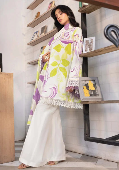Full-length front studio profile look of M Basic by Elaheh Volume 4 unstitched collection code MB-ELHV4-01 white casual lawn suit with bold purple and lime green prints.