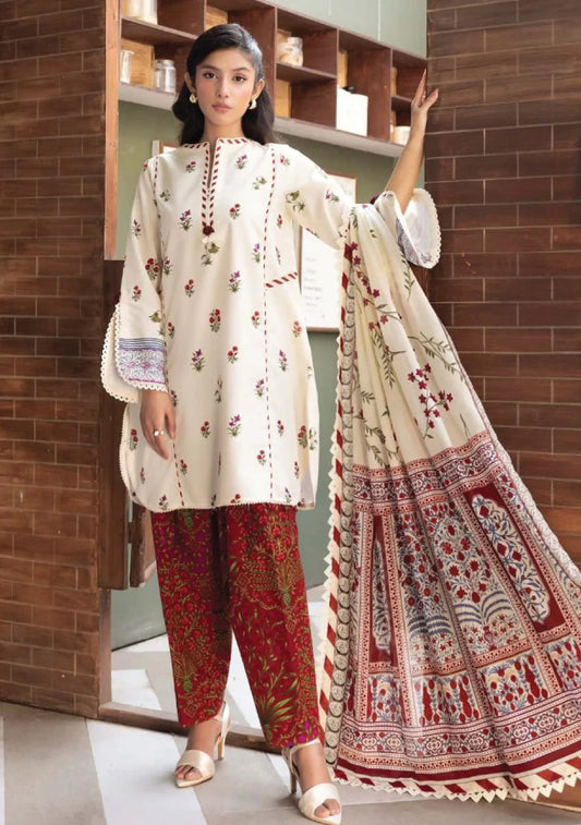 Full-length front profile studio shot of M Basic by Elaheh Volume 4 unstitched collection code MB-ELHV4-01 white casual lawn suit.