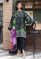 Full-length front studio look of M Basic by Elaheh Volume 4 unstitched collection code MB-ELHV4-03 black casual lawn suit with bold green print layout.