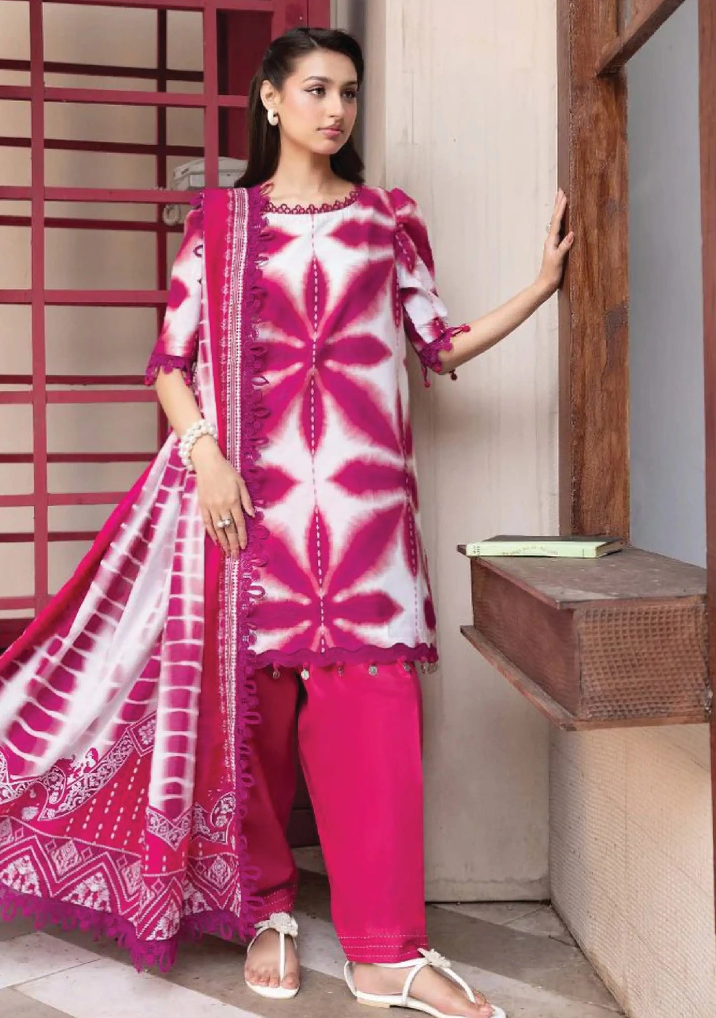 Full-length front studio look of M Basic by Elaheh Volume 4 unstitched collection code MB-ELHV4-04 white and magenta tie-dye lawn suit.