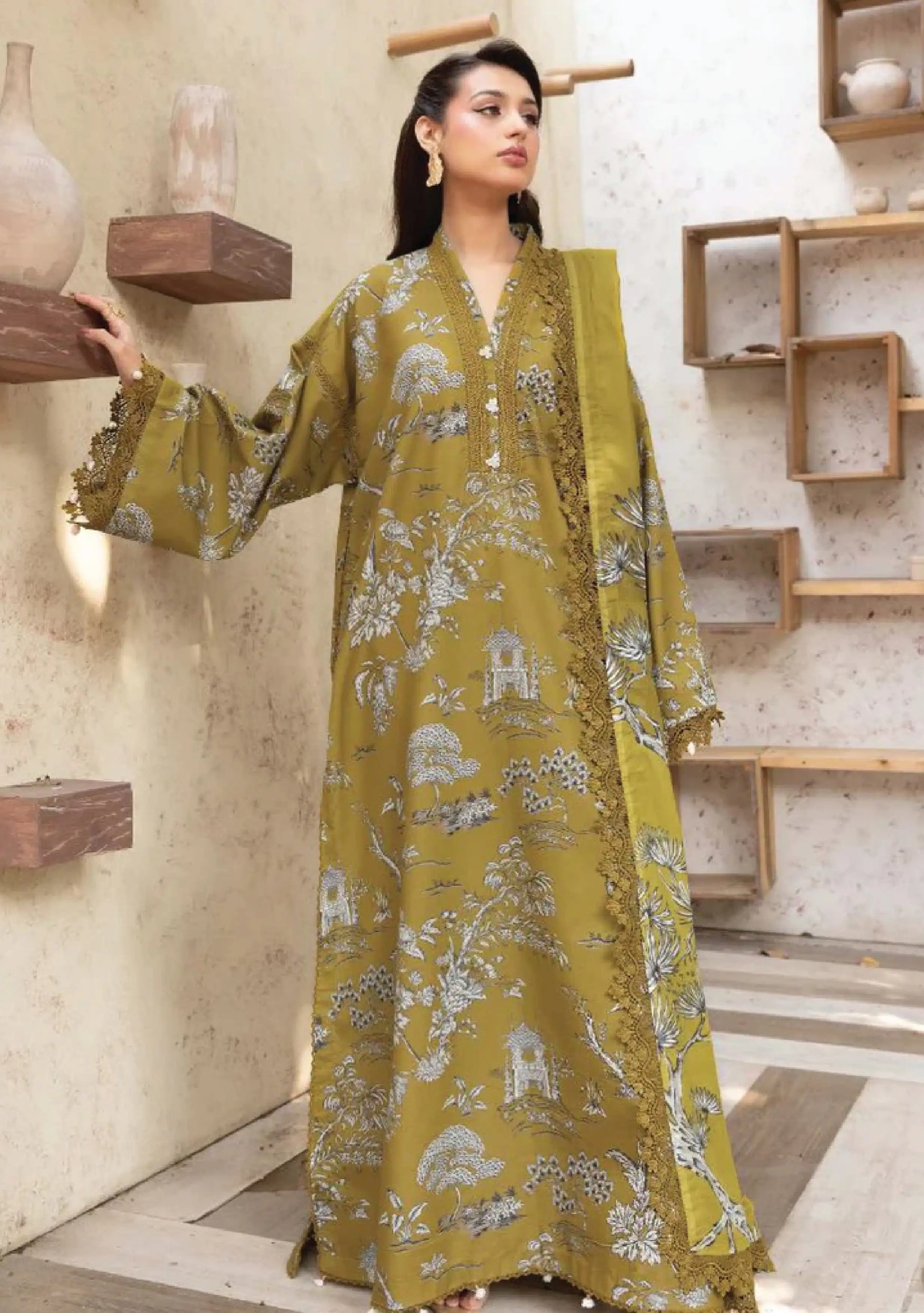 Full-length front studio look of M Basic by Elaheh Volume 4 unstitched collection code MB-ELHV4-06 casual summer suit.
