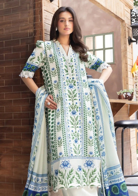 Full-length front studio look of M Basic by Elaheh Volume 4 unstitched collection code MB-ELHV4-08 white casual lawn suit with blue and green prints.