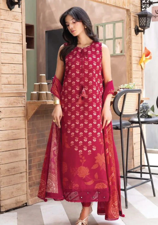 Full-length front studio look of M Basic by Elaheh Volume 4 unstitched collection code MB-ELHV4-09 maroon casual lawn suit with cream block print floral motifs.