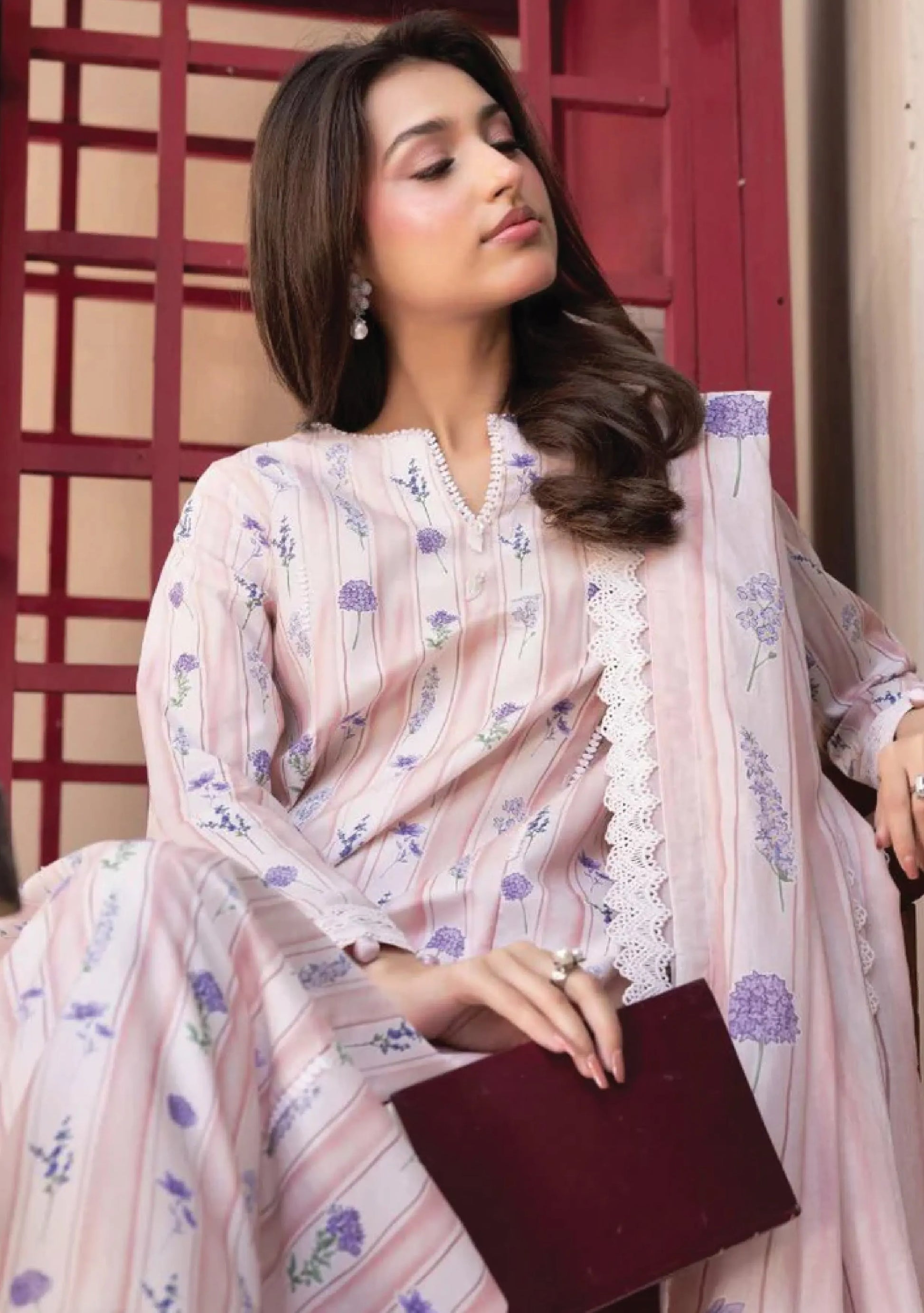 Close-up view highlighting the detailed purple floral stripes, soft lace neckline detailing, and matching printed voile dupatta code MB-ELHV4-11.