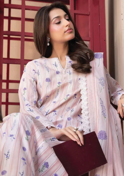 Close-up view highlighting the detailed purple floral stripes, soft lace neckline detailing, and matching printed voile dupatta code MB-ELHV4-11.