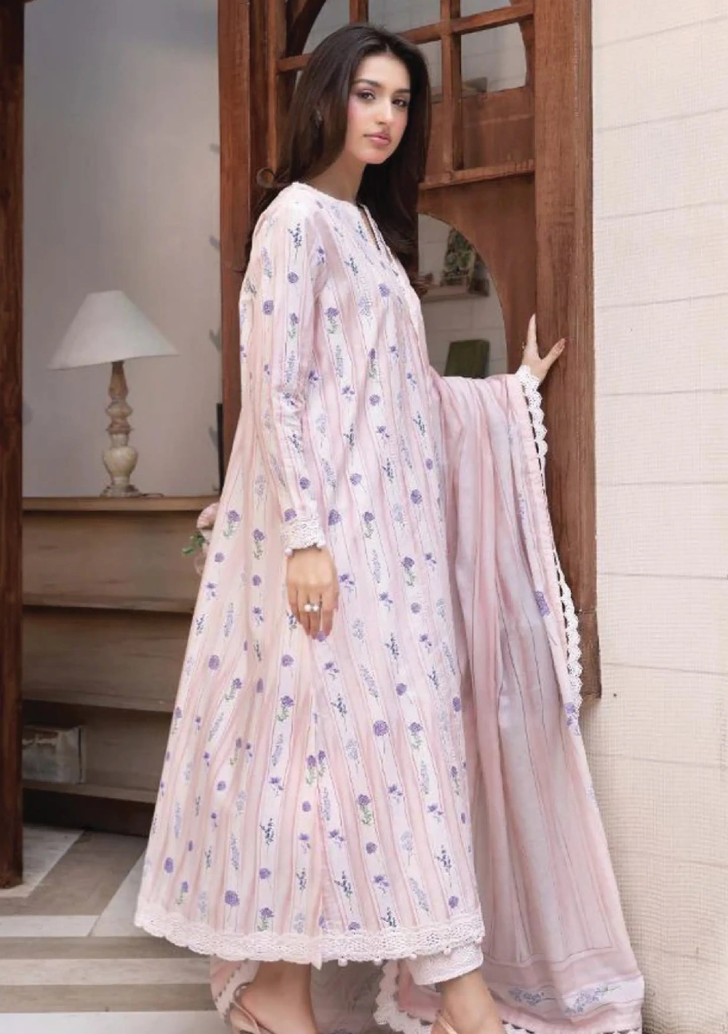 Full-length front studio look of M Basic by Elaheh Volume 4 unstitched collection code MB-ELHV4-11 lilac pink casual lawn suit with lavender stripes.