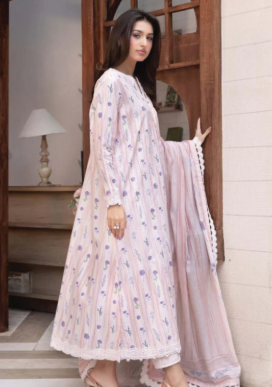 Full-length front studio look of M Basic by Elaheh Volume 4 unstitched collection code MB-ELHV4-11 lilac pink casual lawn suit with lavender stripes.