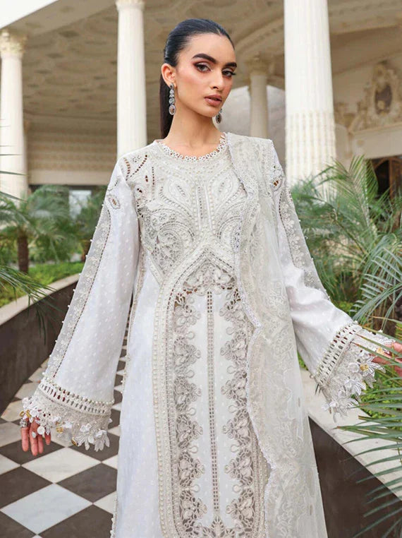 Front torso view showcasing the premium pearl work hand embellishments on the off-white jacquard lawn shirt bodice code D1.