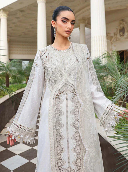 Front torso view showcasing the premium pearl work hand embellishments on the off-white jacquard lawn shirt bodice code D1.