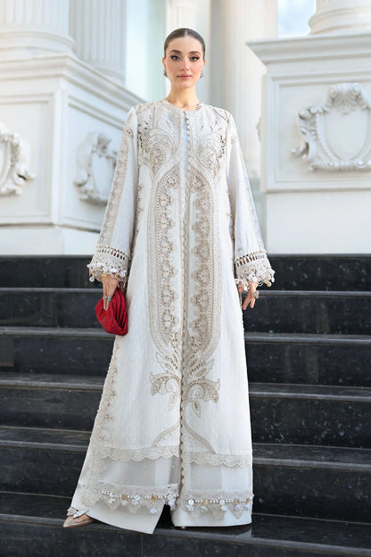 Full model pose showing an optional styling layout of the embroidered ivory white unstitched jacquard dress material code D1.
