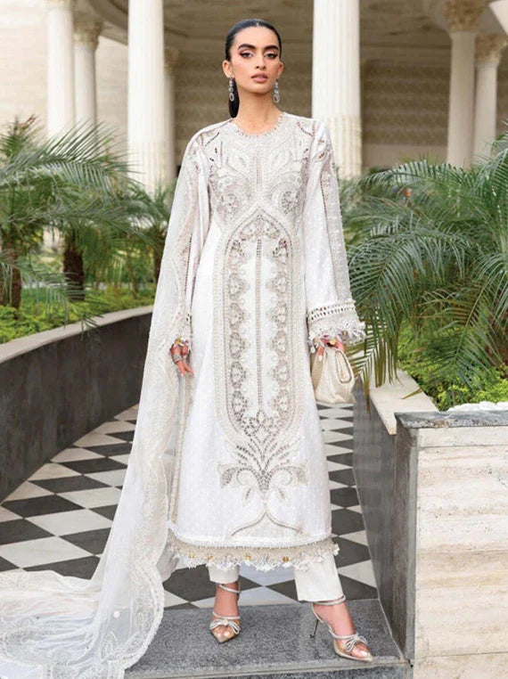 Full-length front studio model look of Maria B Luxury Lawn Eid Edit 2026 design code D1 ivory white embroidered suit with net dupatta.