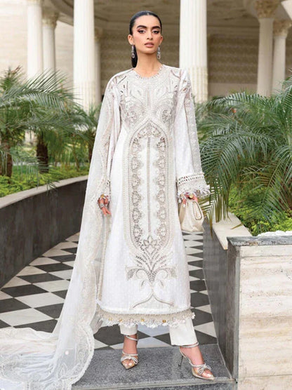 Full-length front studio model look of Maria B Luxury Lawn Eid Edit 2026 design code D1 ivory white embroidered suit with net dupatta.