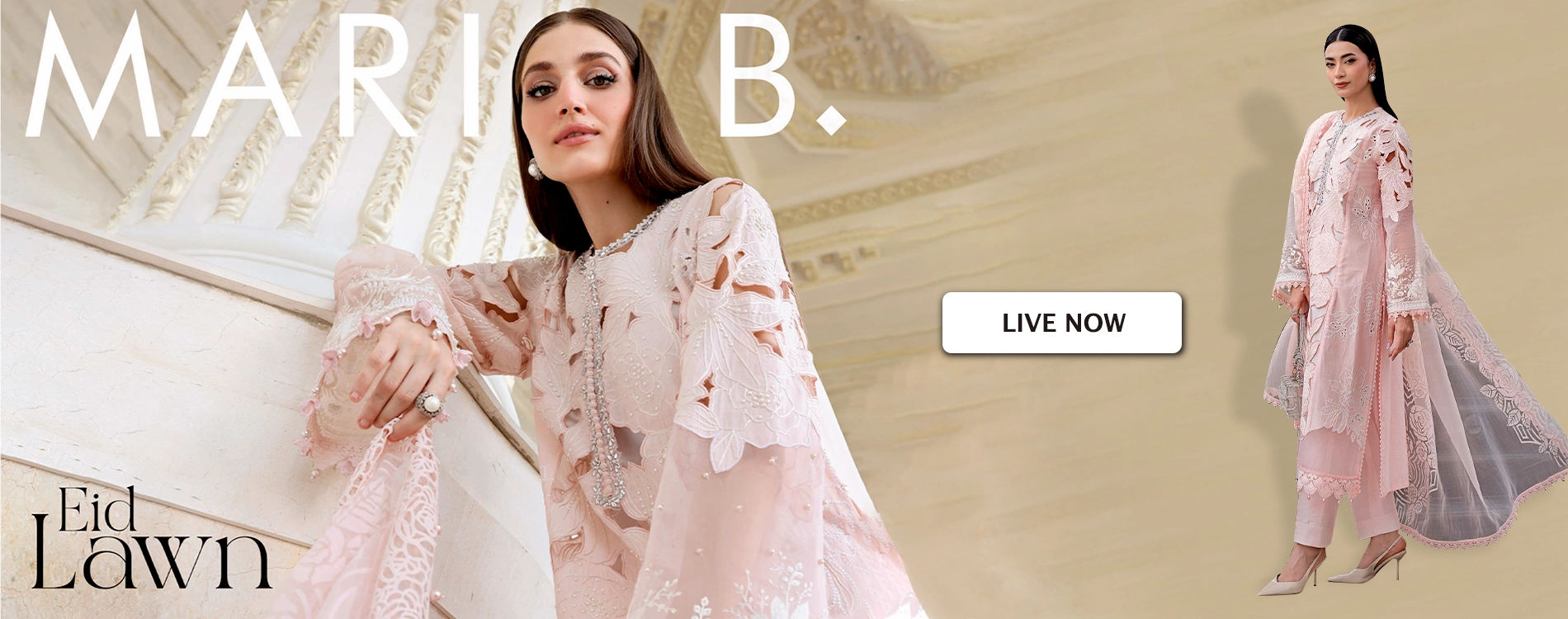 Wide storefront collection banner for MARIA B Luxury Lawn Eid Edit '26 featuring a premium unstitched 3-piece pastel pink embroidered suit with luxury organza patches, Schiffli cutout sleeves, and a matching sheer dupatta.
