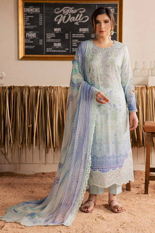 Elegant model front view of Nureh Gardenia unstitched luxury embroidered festive lawn suit NSG215.