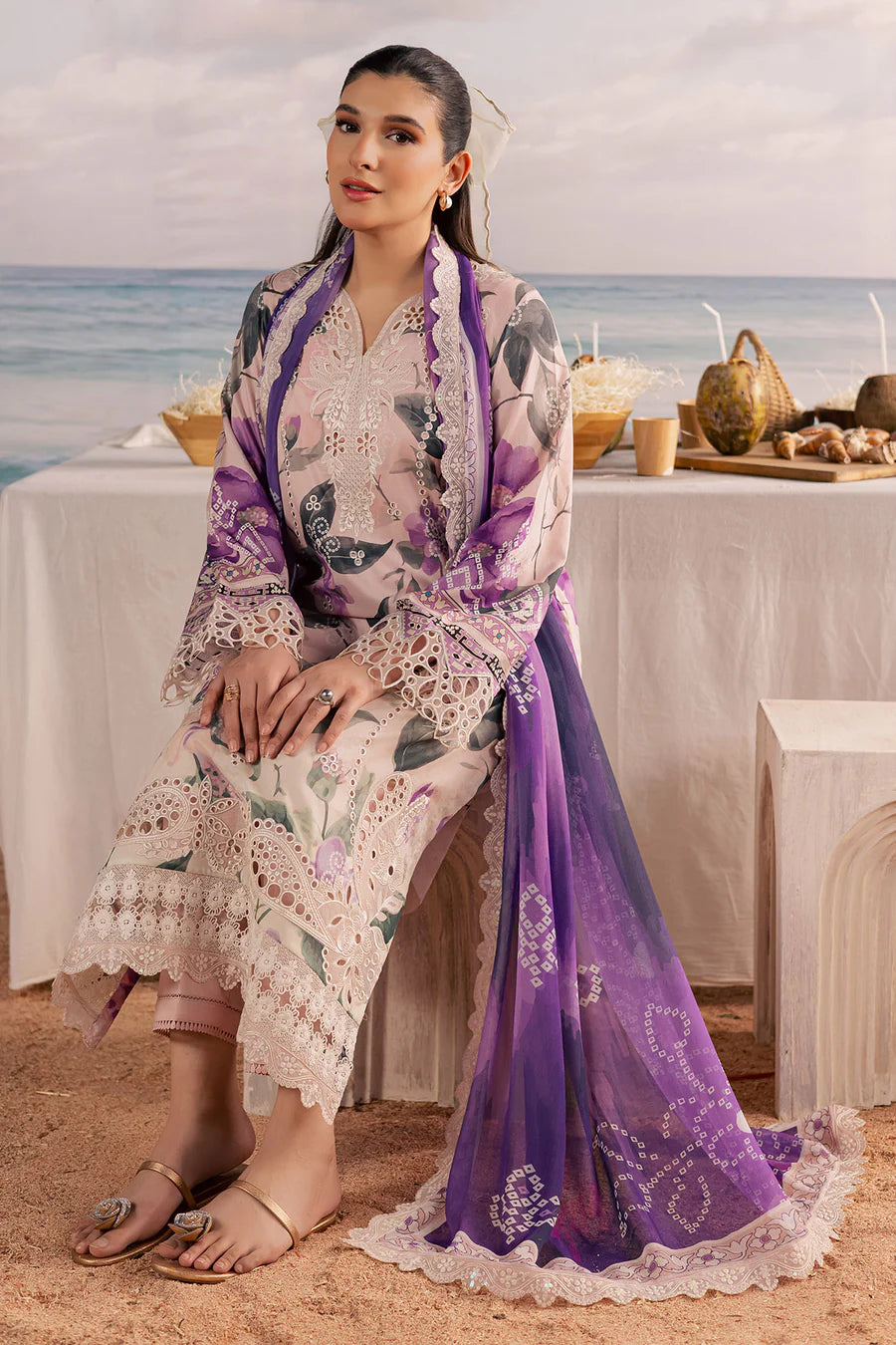 Beautifully draped digital printed pure chiffon dupatta with intricate geometric borders from packaging NSG216.