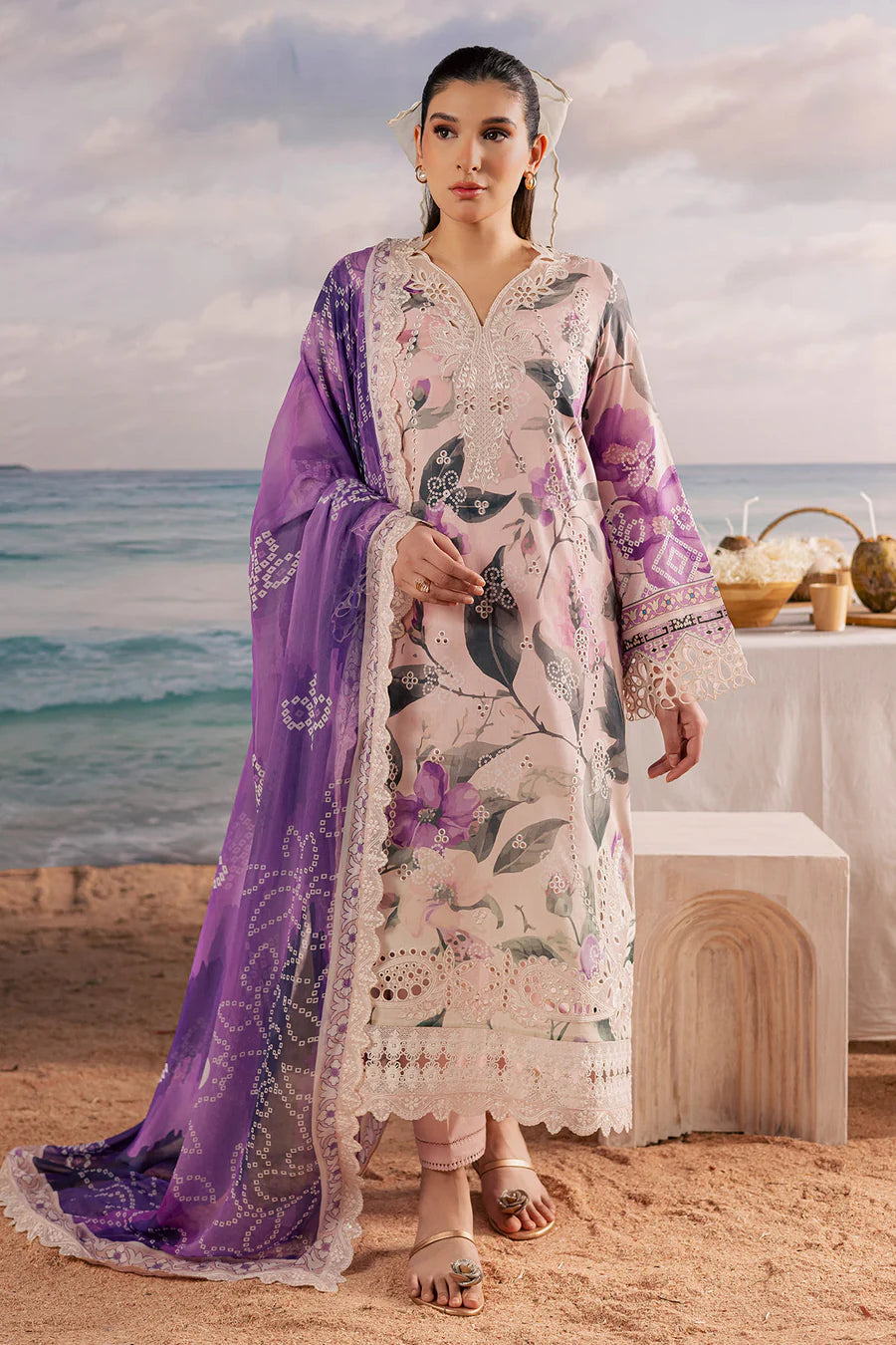 Studio model shot of Nureh Gardenia unstitched luxury lawn suit design NSG216 in deep mustard yellow.