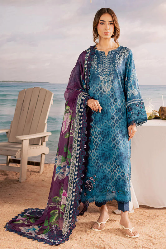 Full studio model shot of Nureh Gardenia unstitched luxury lawn suit design NSG217 in pastel pink.