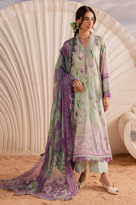 Full studio model shot of Nureh Gardenia unstitched luxury lawn suit design NSG218 in dark navy blue.