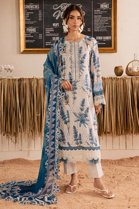 Full studio model shot of NUREH GARDENIA unstitched luxury lawn suit design NSG220 in teal blue.