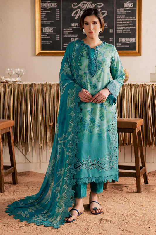 Full studio model shot of NUREH GARDENIA unstitched luxury lawn suit design NSG221 in emerald green.