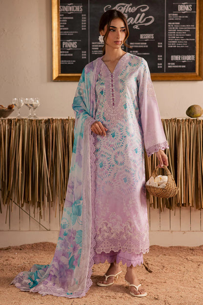 Half-length model view highlighting the intricate lavender embroidered lawn shirt panels from Nureh collection NSG222.