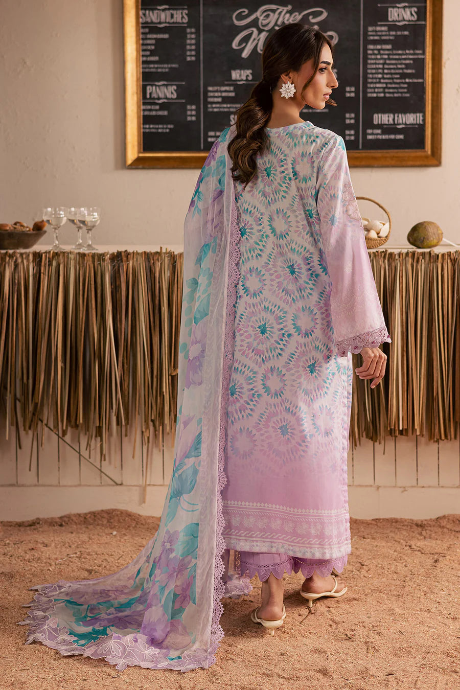 Complete catalog flat lay layout showcasing the unstitched 3-piece lavender components for NSG222.