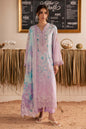 Close-up focus on the clean contrasting floral neckline embroidery work on lavender lawn fabric NSG222.