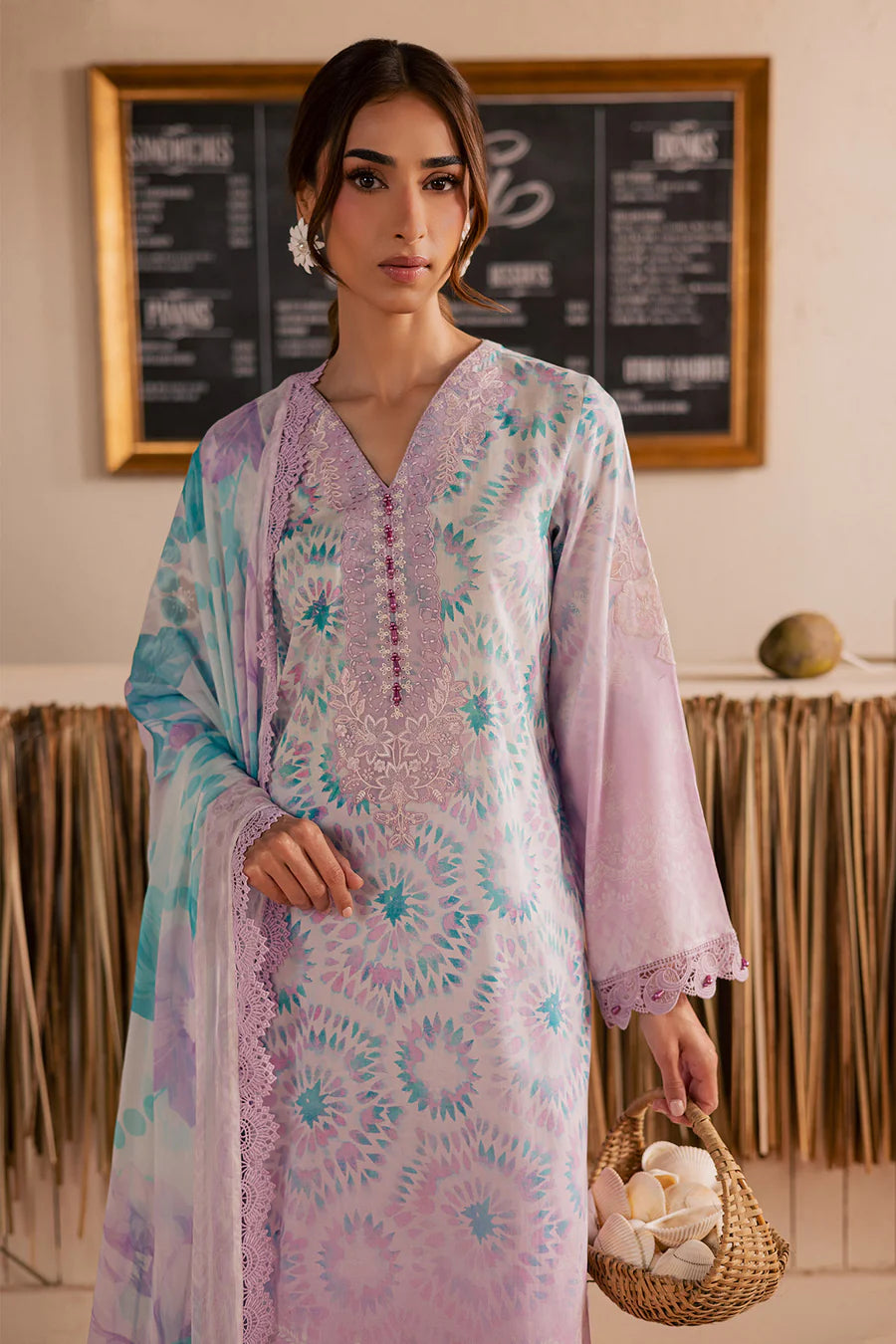Full studio model shot of NUREH GARDENIA unstitched luxury lawn suit design NSG222 in lavender.