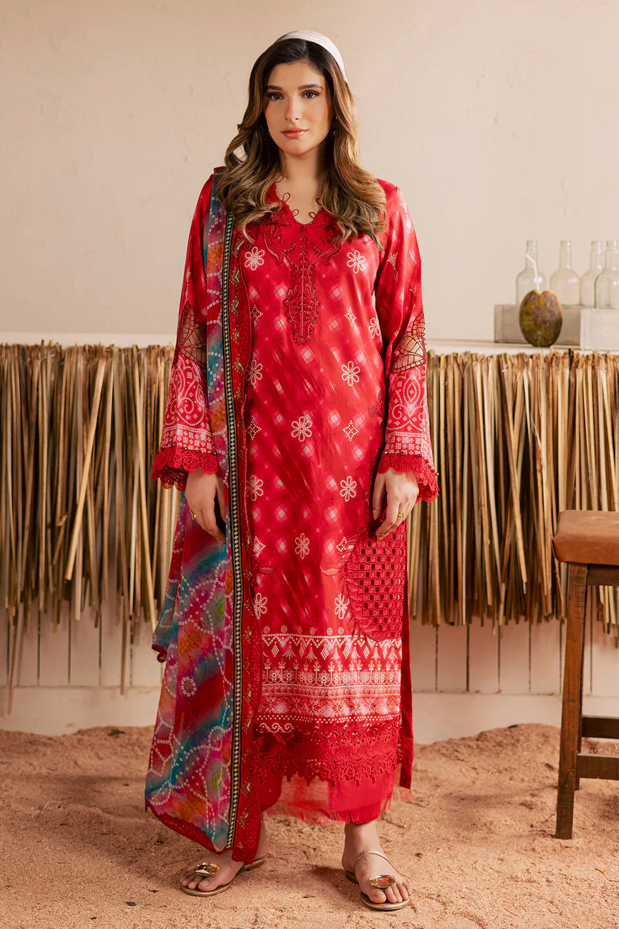 Half-length model view highlighting the intricate black embroidered lawn shirt panels from Nureh collection NSG223.