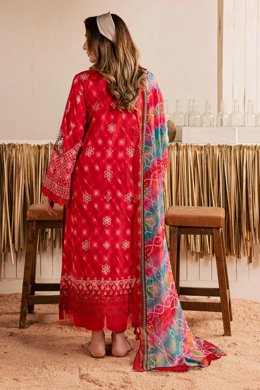 Rear view panel layout showcasing the printed back design and matching black trousers of the suit NSG223.