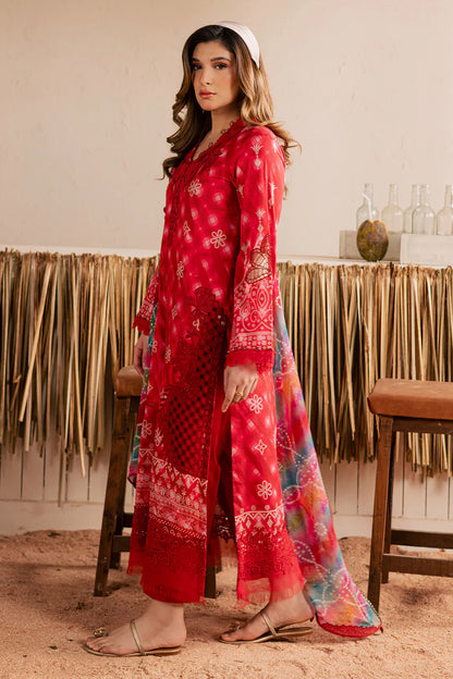 Close-up focus on the clean contrasting ivory and floral neckline embroidery work on black lawn fabric NSG223.